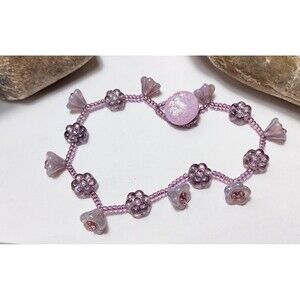 Purple Glass Flower Beaded Bracelet